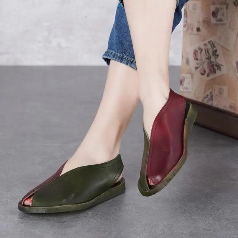 

Women Leather Sandals Flat Heels Summer Shoes Peep Toe Handmade Genuine Leather Women Sandals Soft Bottom Brand Casual Shoes