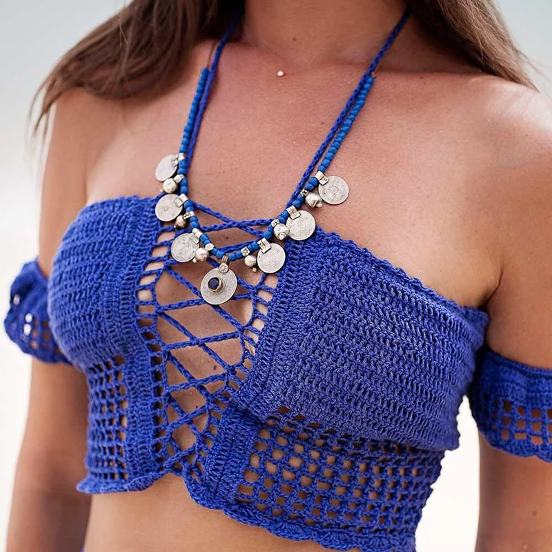 Women Crochet Bikini Top CROCHET BIKINI Women's Bikini Top Bandage Hole-out Quaste Swimwear With Sleeves Summer Crochet Bathing Mode