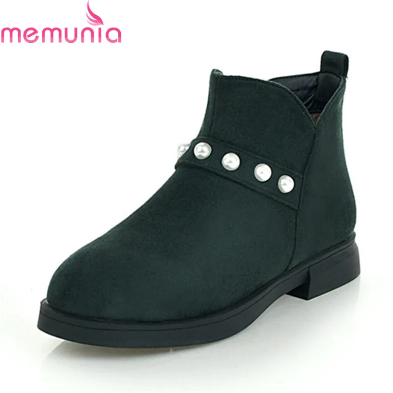 

MEMUNIA 2020 new arrival women's boots zip string bead ankle boots round toe flock square low heels boots ladies casual shoes