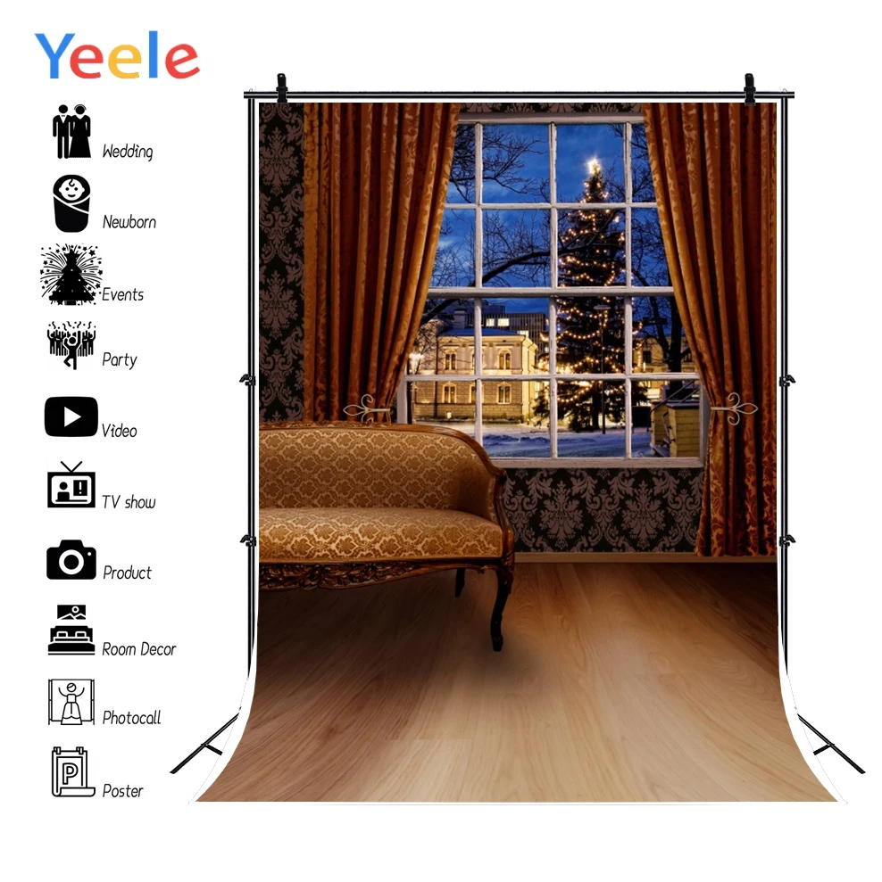 Yeele  Photography Backdrops Interior Sofa Window Outside Red Curtain Christmas Photographic Backgrounds For The Photo Studio