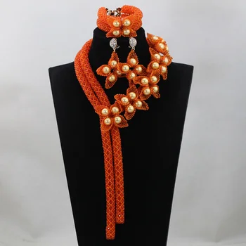 

Luxury Fashion Nigerian Orange Crystal Handmade Beads Jewelry Set African Costume Indian Bridal Jewelry Sets Free ShippingABL825
