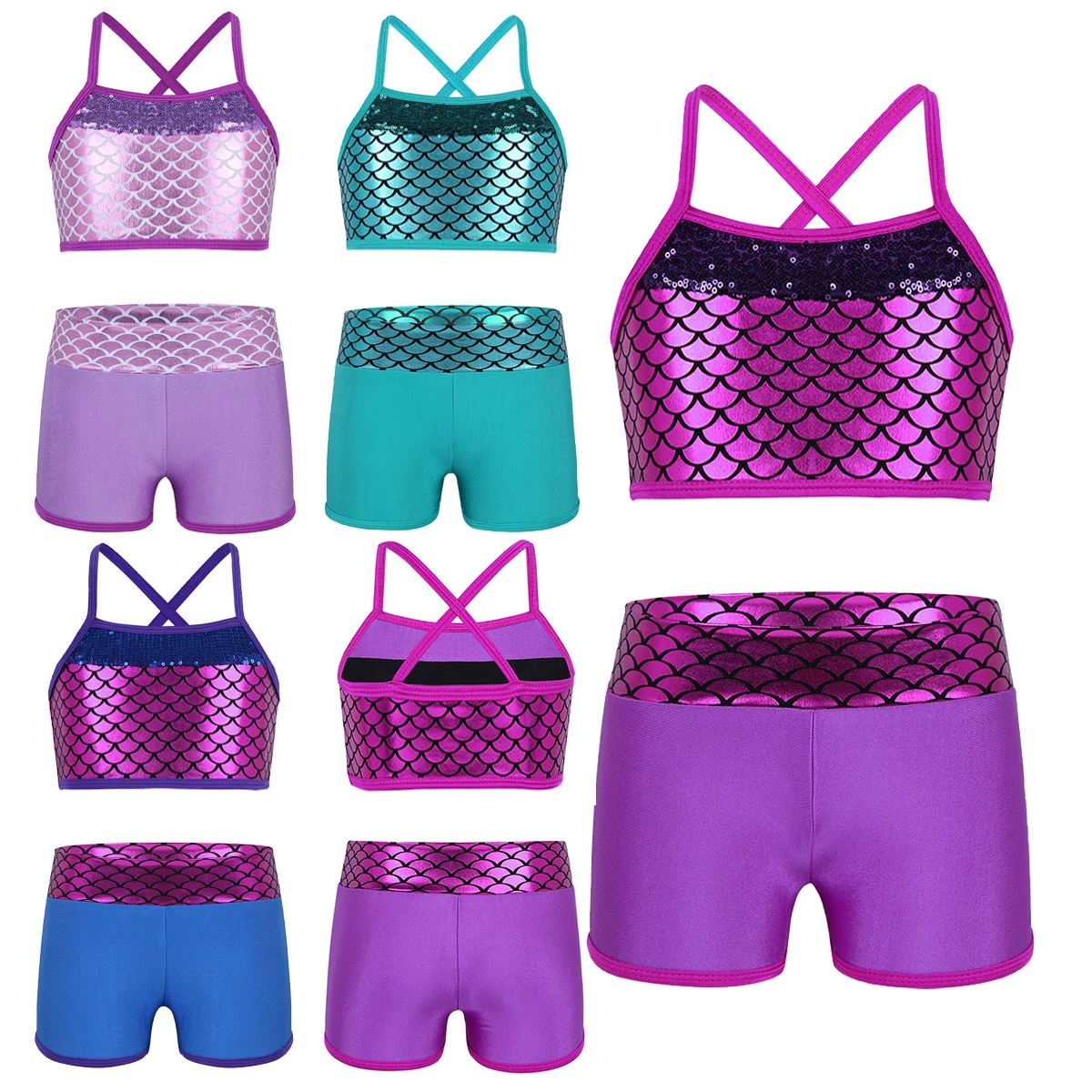 dPois Kids Girls Shiny Mermaid Scales Sports Workout Gym Dance Shorts Gymnastic Hot Pants