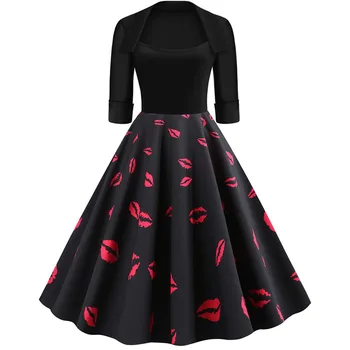 

Half Sleeve Black Autumn Winter Women Dress Floral Print Vintage Party Dresses Robe Casual Rockabilly A-Line Pin Up Vestidos