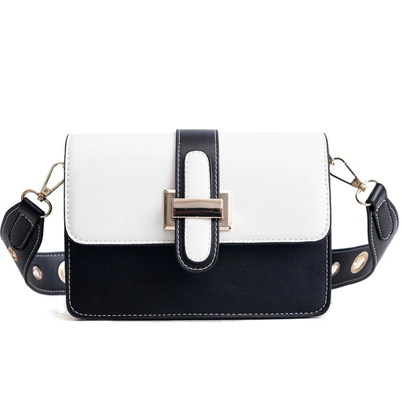 

New Chic Contrast Color Women Crossbody Bags Casual Wide Belt Shoulder Bags High Quality PU Leather Messenger Bag for Women