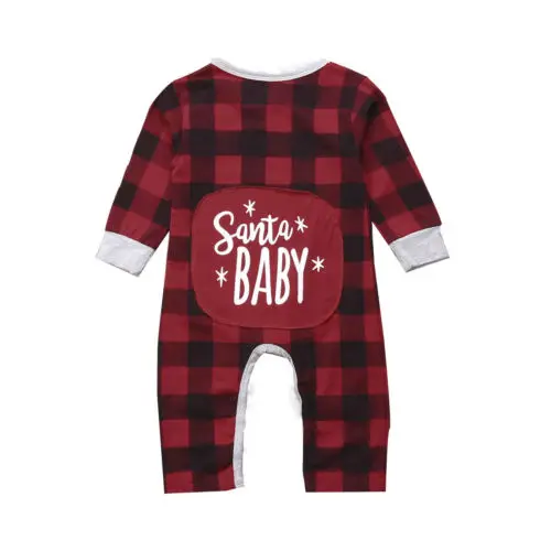 Baby Boy Girl Long Sleeve Christmas Santa Baby Plaid Romper Jumpsuit Pajamas