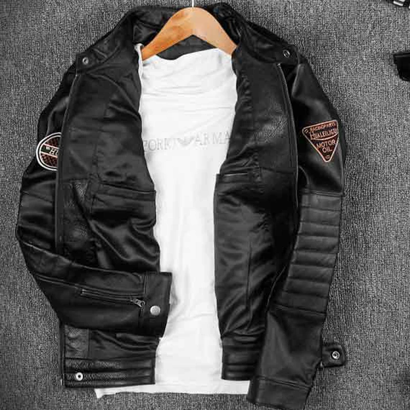 Настоящая фотография Натуральная кожа куртки мужские короткие из натуральной кожи куртка панк весна мужские мотоциклетные натуральная