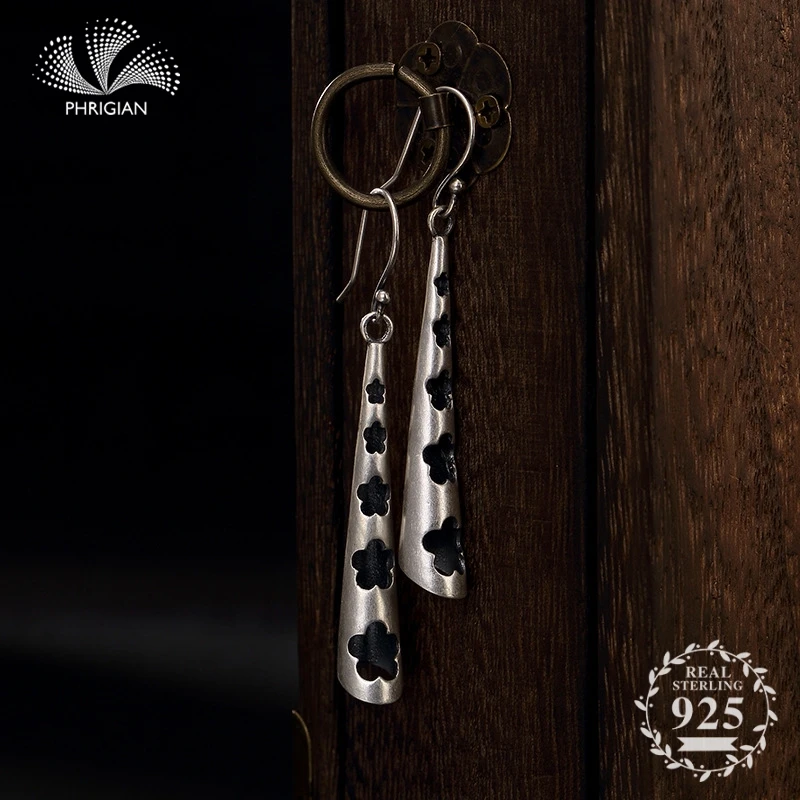 

NOT FAKE S925 Fine Jewelry Earrings Sterling Silver Women Antique store Vintage Nature Retro Exquisite cute flower long drop