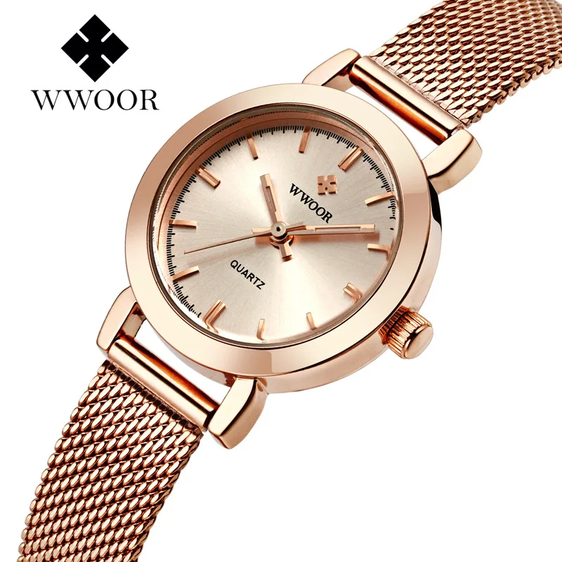 

WWOOR Brand casual Ladies Women Dress Watches Thin Quartz Watch Steel Mesh Band Luxury Gold Bracelet Wristwatch Relogio Feminino