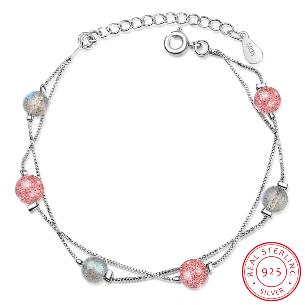 

Double Layer Ladies' Bracelets Natural Moonstone & Pink Strawberry Crystal 925 Silver Bracelet for Girls Lucky Charm YBR097