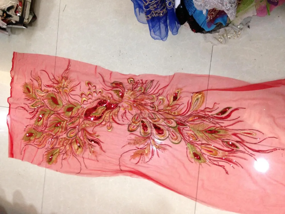 

1pc Red Phoenix Peacock Beaded Sequin Fabric, Embroidered Tull Lace Fabric with Paillette Sewing Cheongsam Patchwork Fabric