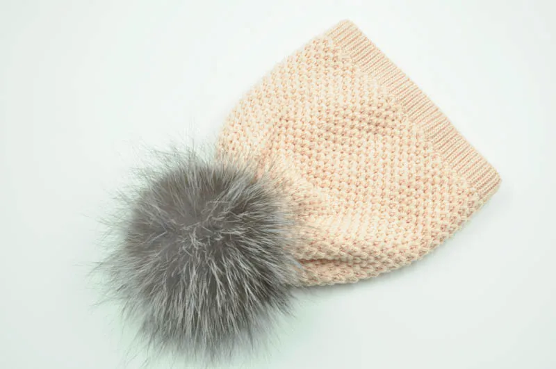 Настоящая меховая шапка с помпоном зимняя женская шапка Новая модная теплая вязаная шапка Брендовая женская меховая шерстяная шапка бини женская шапка - Цвет: Pink silver fur