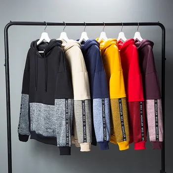 

Patchwork Men Hooded Sweatshirts Thick Clothes Fake Two Pieces Men Sweatshirts Pocket Long Sleeve Pullover Man Hoodies