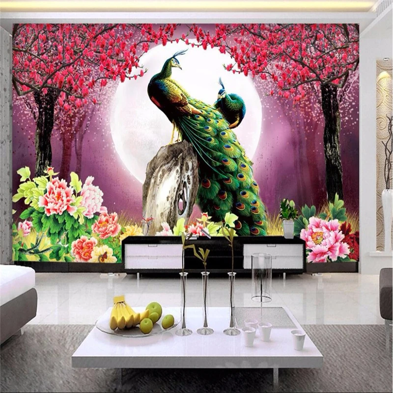 custom 3D wallpaper living room Modern Peacock Moon Flowers Restaurant Hotel Arts Study mural murals-3d wall papers home decor