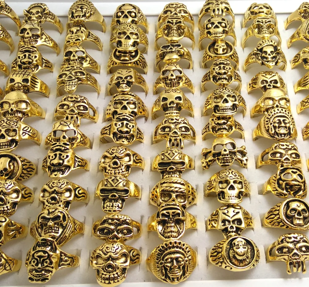 Bulk lots 100pcs Gold Skull Rings for Mens Gift Mens Jewelry Skeleton