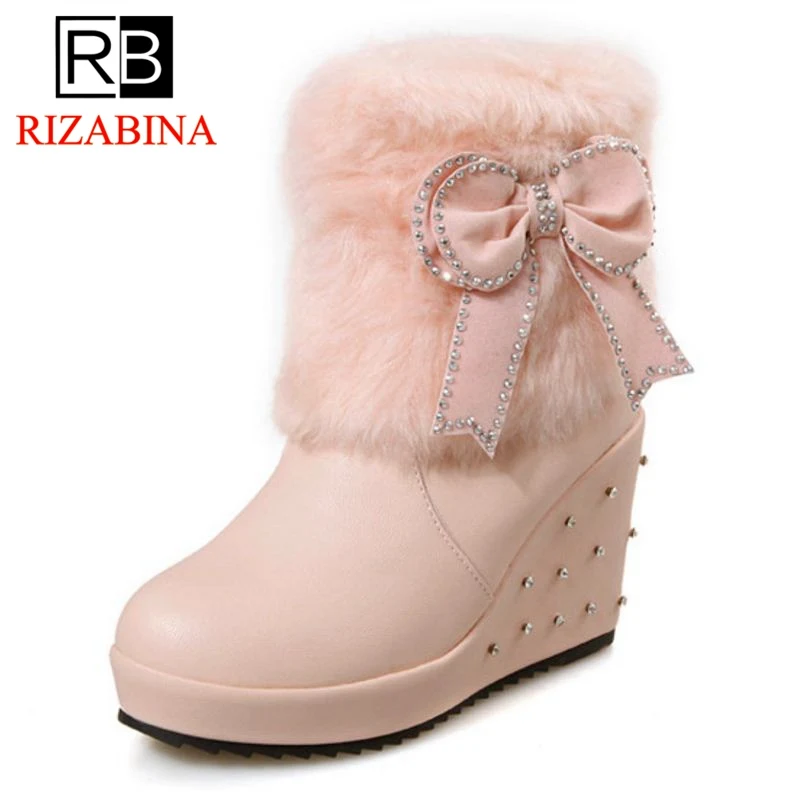 

RizaBina Size 34-43 4 Colors Women High Heel Boots Platform Bowtie Plush Fur Warm Mid Calf Boots Bling Women Footwear