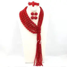 Горячие нигерийские Свадебные африканские бусины комплект ювелирных изделий красные стеклянные бусины ожерелье женский модный комплект ювелирных изделий ABY088