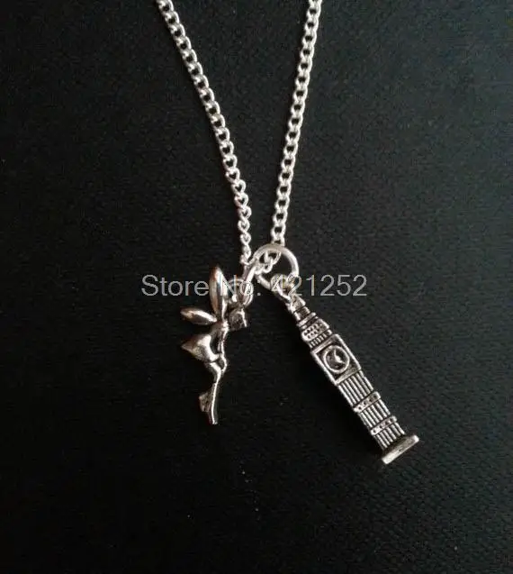 

12pcs/lot Peter Pan Inspired Necklace Big Ben and Tinkerbell Charm Necklace in silver