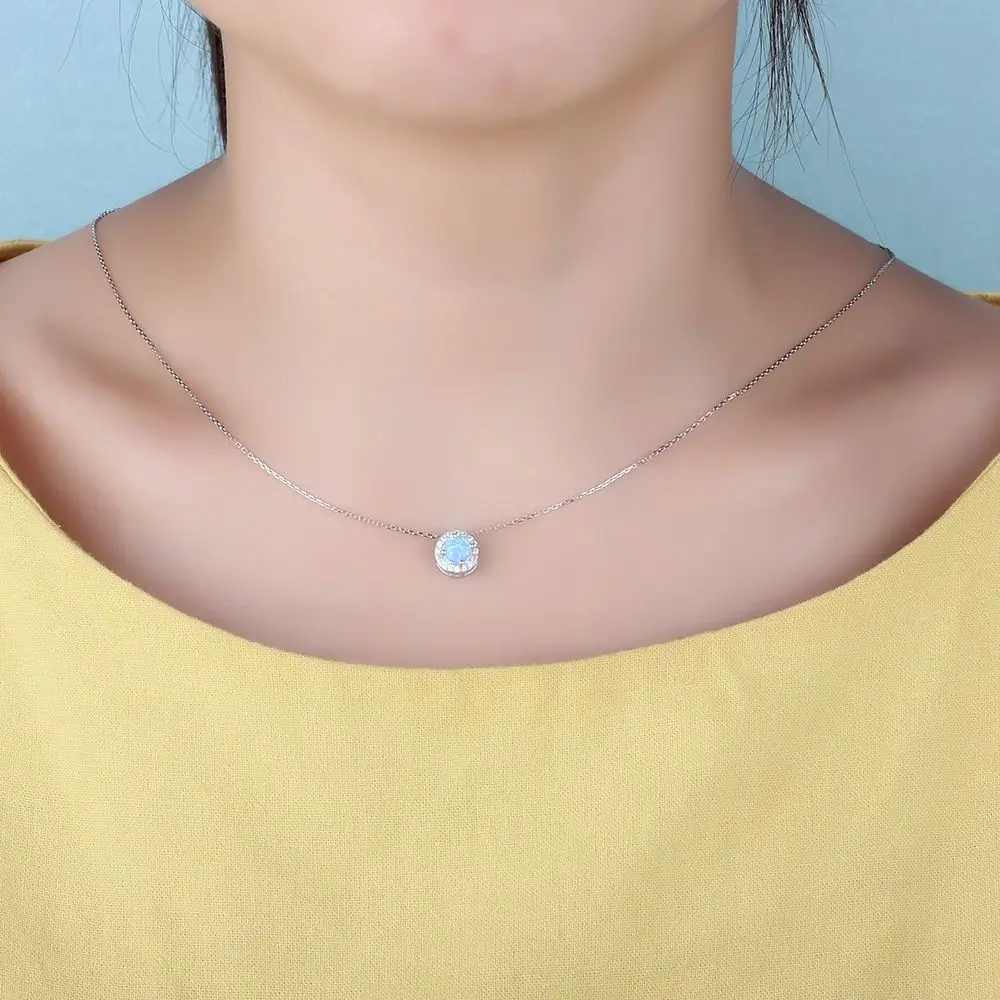 New 2017 Women Pendants&Necklace Round Blue Opal with Genuine 925 Sterling Silver Jewelry Elegant Gift (JewelOra NE102694)