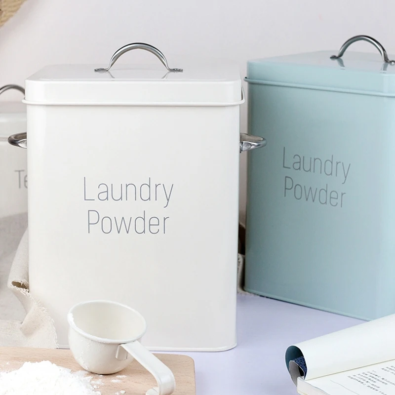 New-Beautiful Powder Coating Metal Zinc Laundry Powder Boxes Storage With Scoop White