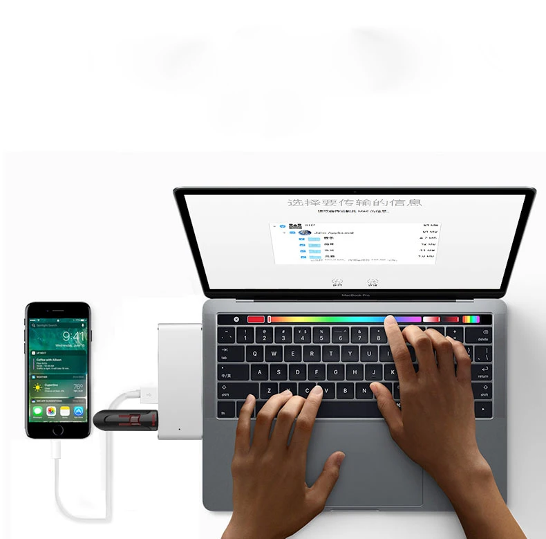 For Macbook Pro Dual Type-C HUB TO  2*USB 3.0 +SD/TF Carder Reader+Lightning Interface (Thunderbolt) Fast Data Transmission