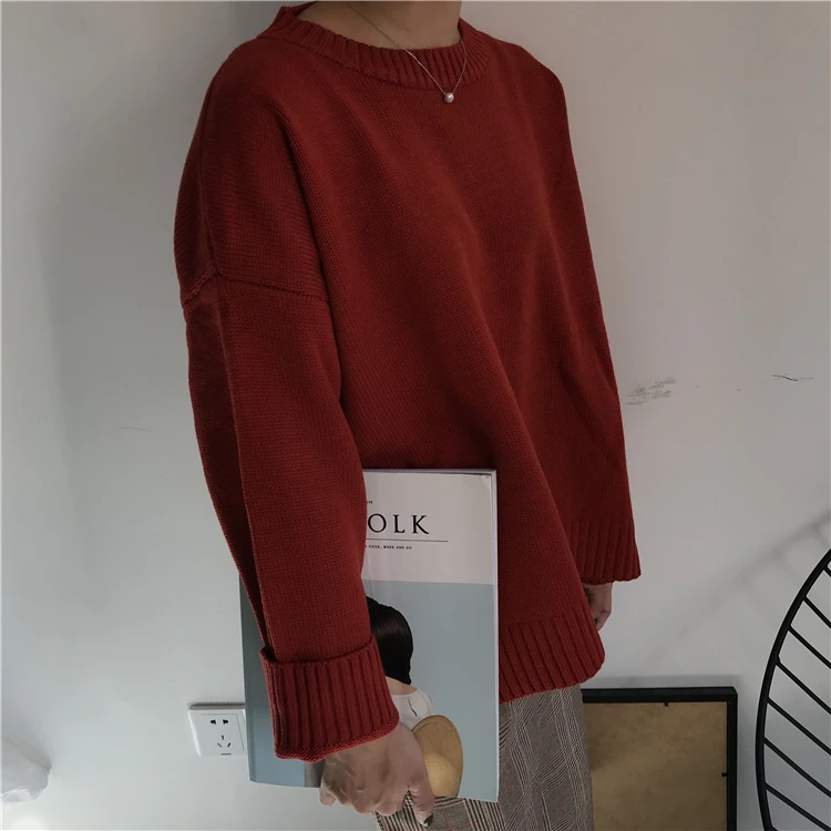Осенний Однотонный пуловер Свободный женский свитер Универсальный круглый вырез с длинными рукавами раздельный трикотажный подол женский теплый базовый джемпер