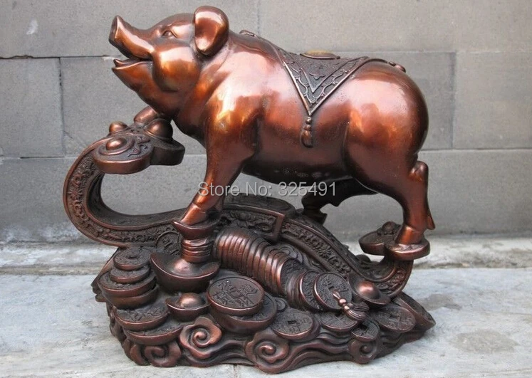 

China Red Bronze exquisite Lucky Feng Shui Money wealth Ru Yi Pig statue