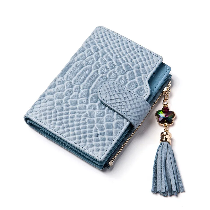 NIGEDU брендовый женский кошелек с кисточками, Женский кошелек из натуральной кожи, женские модные кошельки для денег, короткий клатч, кошелек, 18 держатель для карт - Цвет: Синий