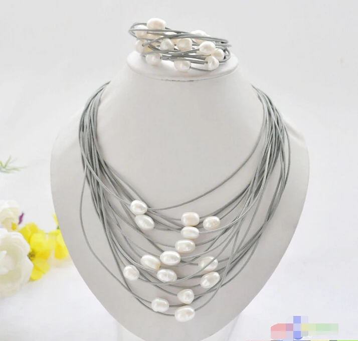

P5219 15row 13mm white rice pearl gray leather necklace & bracelet^^^@^Noble style Natural Fine jewe SHIPPING new