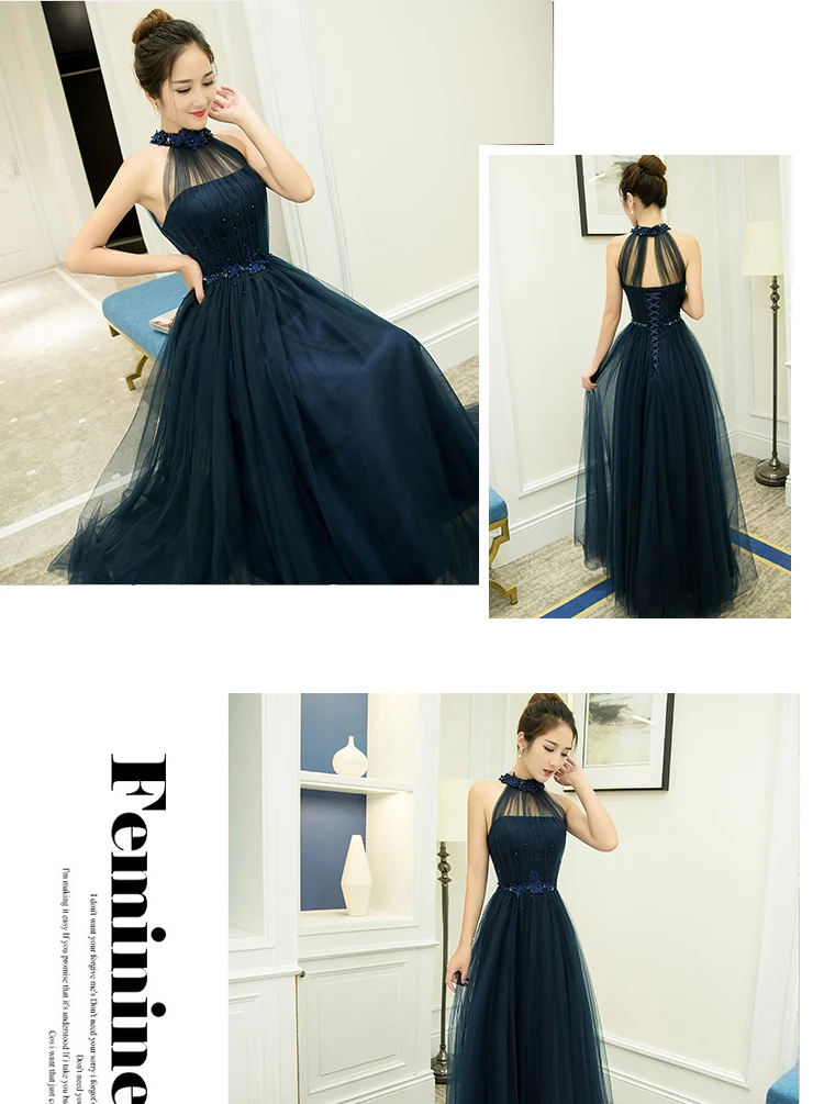Floor Length Halter Dress Beaded Long Prom Dress Blue Champagne Sleeveless Evening Dress Appliques Lace Up Prom Dresses FD28