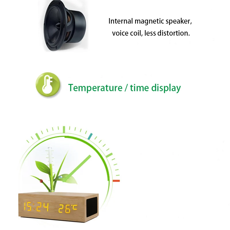  Multifunción LED temperatura despertador hora HD pantalla madera Bluetooth manos libres Dual USB ca