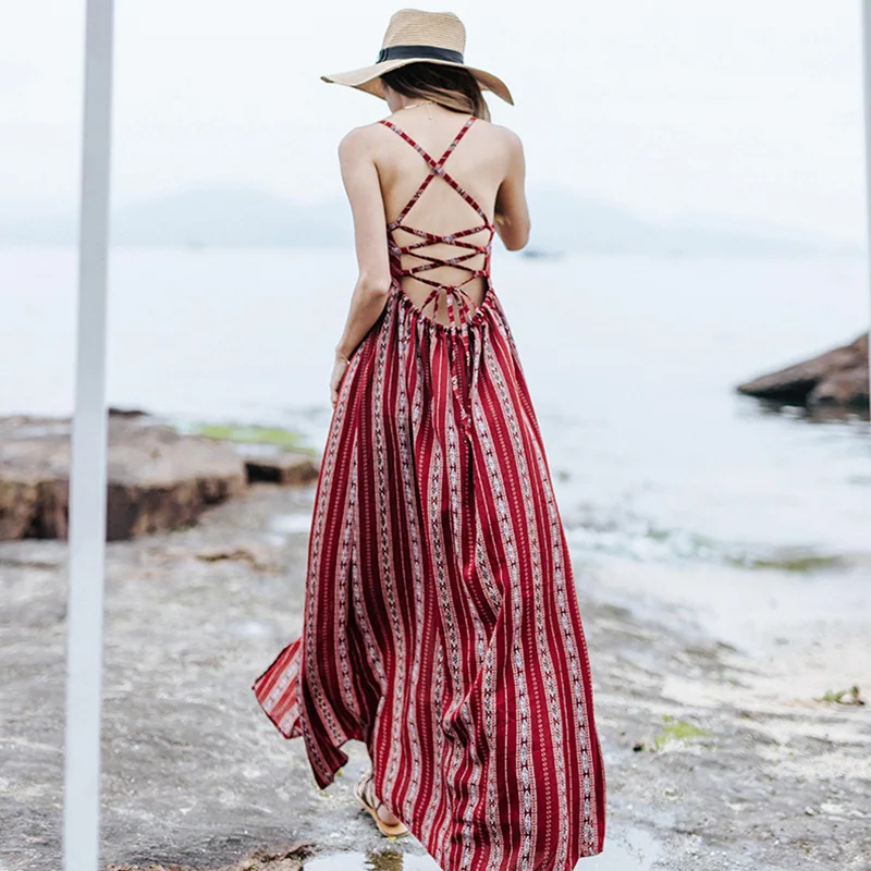 

LOSSKY Sexy Backless Bandage Summer Elegant Boho Maxi Dress Women 2018 Off Shoulder Print Bohemian Beach Long Womens Dresses