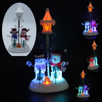 

Holiday Home Decor Collectible Figurines Scene with RGB Led Light Snowmen and Street Lamp Battery Operated