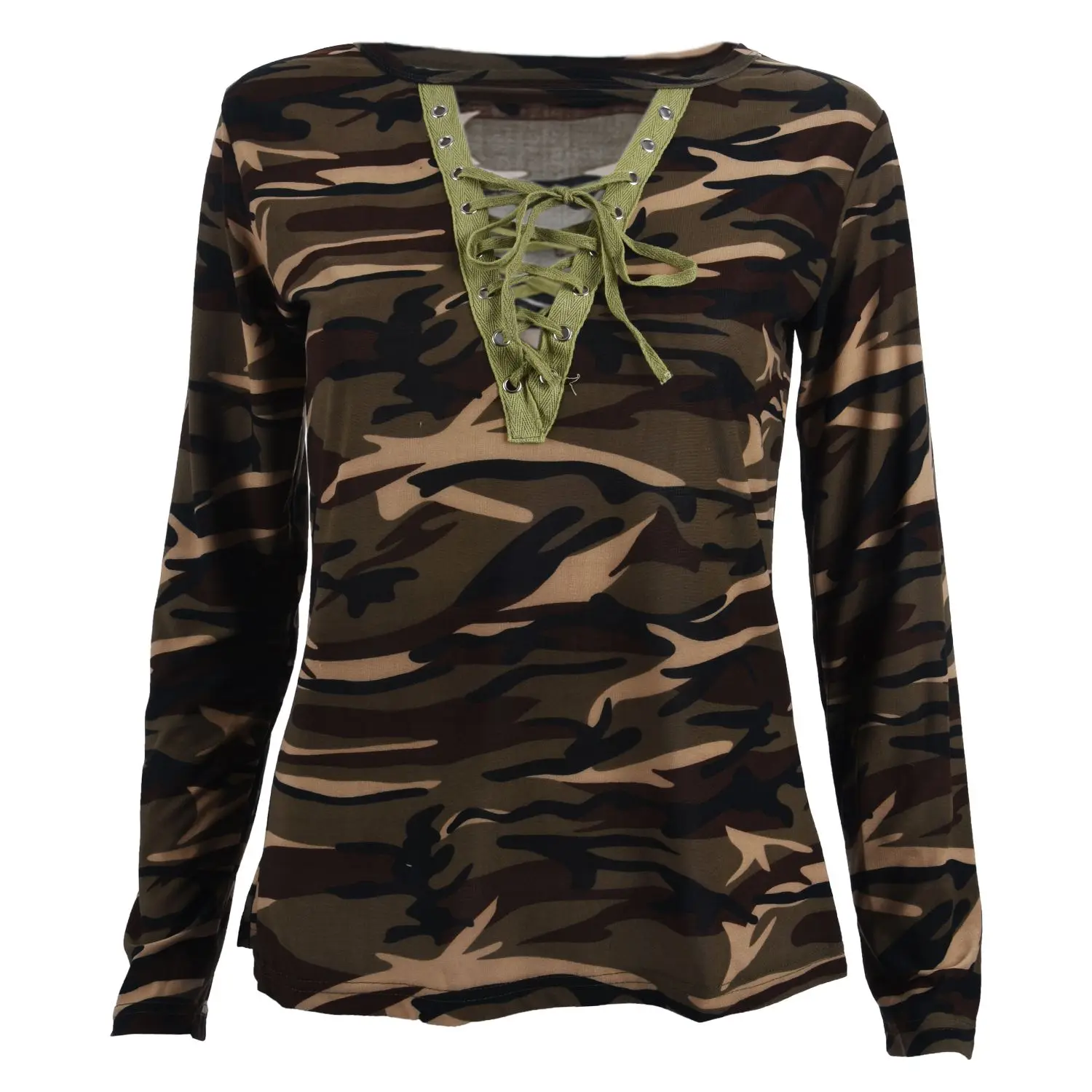 Fashion Casual V-Neck Plus Size Camouflage Hollow Out Tops T-Shirts Women