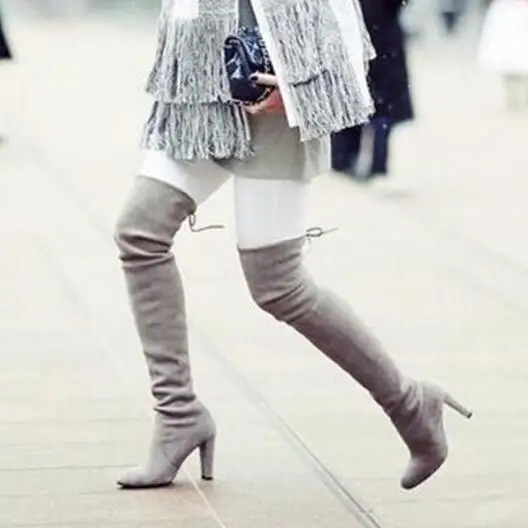 

New Fashion Fall Designer Over Knee Women Boots Pointed Toe High Heels Shoes Slip on Sexy Suede Boots Zapatos Mujer