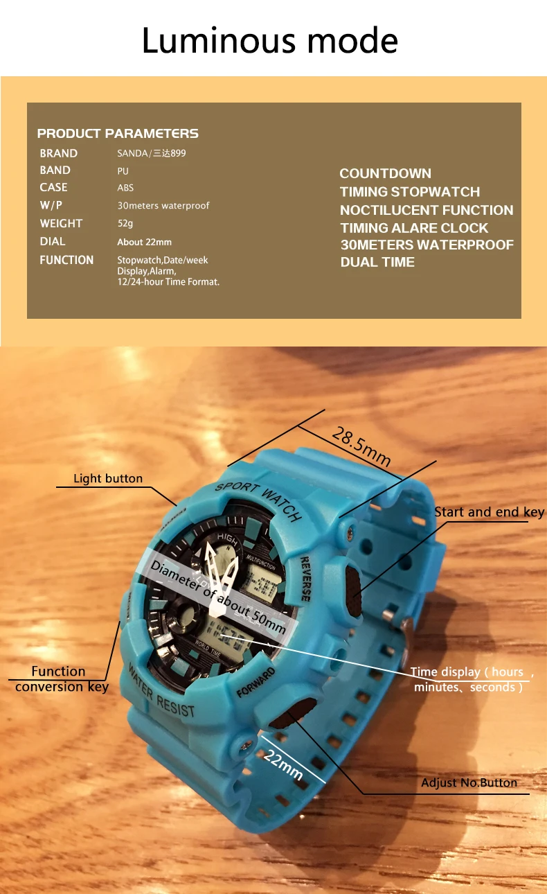 SANDA мужские спортивные наручные часы с будильником военные водонепроницаемые спортивные часы 30 м S-Shock светодиодный Аналоговый Цифровой дисплей Кварцевые часы