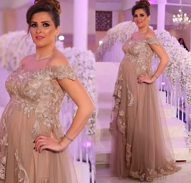 

Elegant Champagne Maternity Evening Dress Lace Appliques A Line Off Shoulder Prom Dress Floor Length Party Gowns