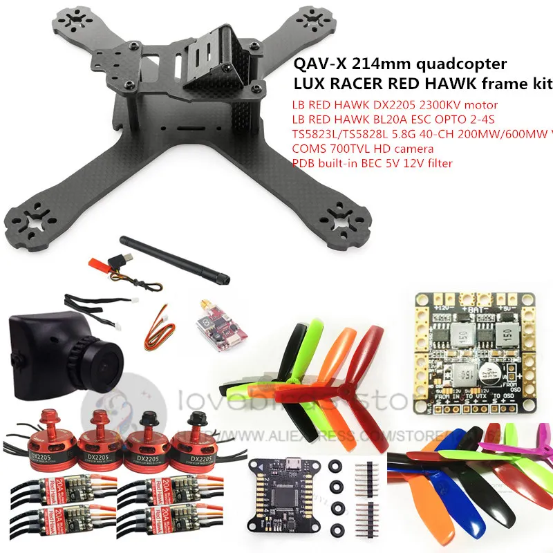 

DIY FPV mini drone QAV-X 214mm quadcopter LUX RACER frame kit RED HAWK DX2205 + RED HAWK BL20A ESC + 700TVL CAM +TS5823L/TS5828L