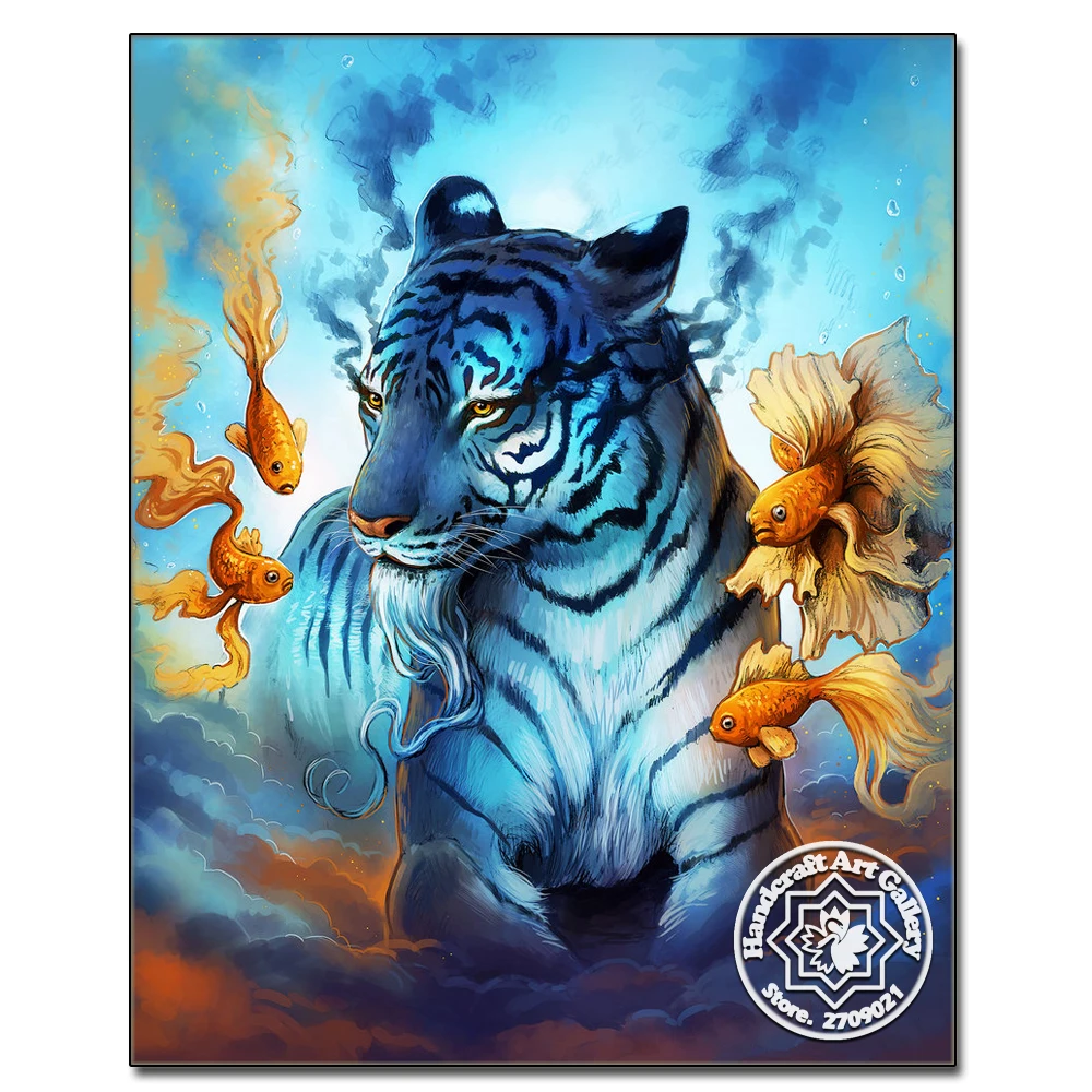 

5D Diy Diamond Embroidery Painting Tiger and Golden Fish Rhinestones Embroidery Animals Full Square Mosaic Sale Crystal