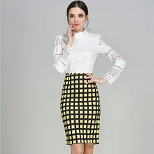 Женская клетчатая юбка-пачка с высокой талией, желтая, белая, OL, профессиональная юбка с разрезом, цифровая сумка, хип-юбка