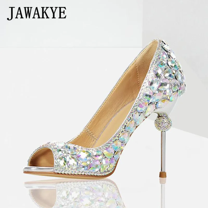 

JAWAKYE Crystal Silver Wedding shoes Woman Open Toe Rhinestone High Heels Shoes Ladies Stilettos diamond Prom Dress Party Shoes