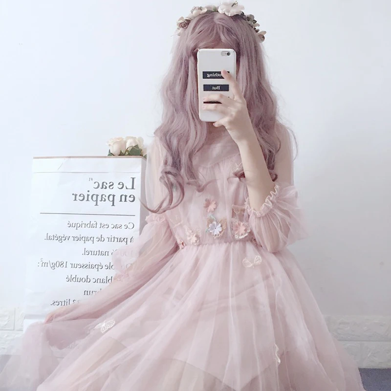 

fashion japan style loose Women's Clothing mesh lace summer sweet dress Female appliques 2 pieces puff sleeve dresses new