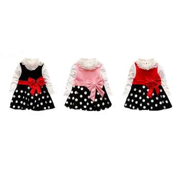 

New Autumn Baby Girl Long Sleeve Solid Pattern Cotton T-shirt Blouse Sleeveless Dot Print Dress Casual Outfits Set