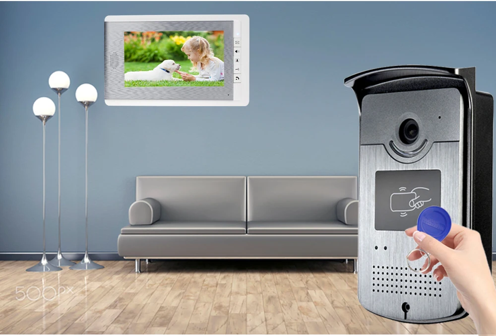 Проводной RFID 7 ''TFT цветной видеодомофон дверной звонок Система 2 монитор видео домофон домашний ИК COMS камера 700TVL 500 пользователей