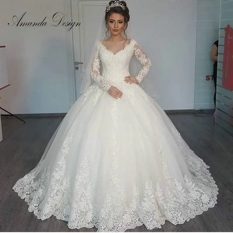 vestito da sposa Long Sleeve Lace Applique Puffy Wedding Dress Ball ...