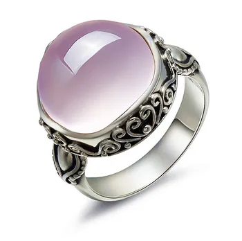 

New 925 Sterling silver girls Bohemian retro pink crystal natural stone ross quartz rings Female jewelry fashion lovers gift