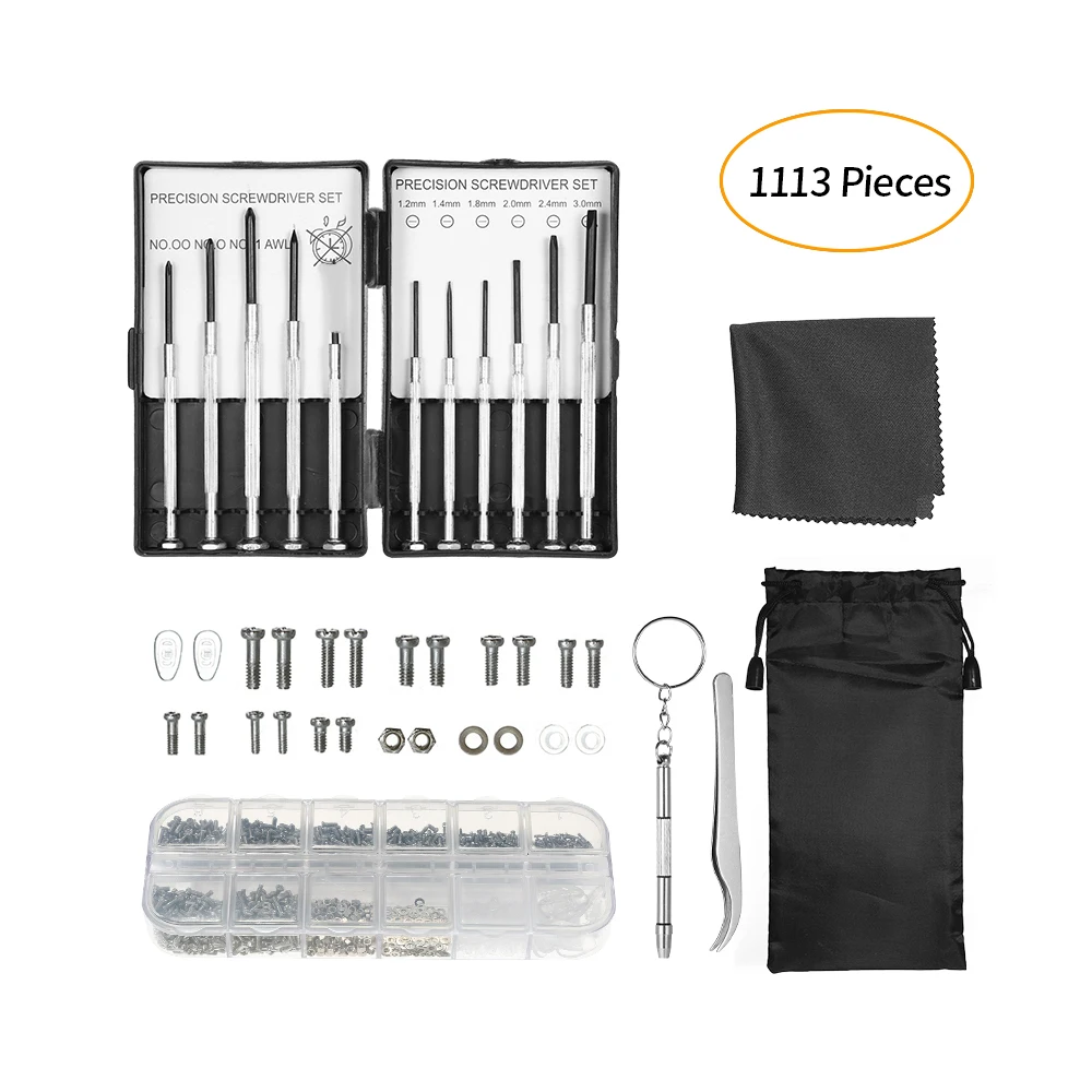 

1113 Pieces Repair Kit for Sunglasses Watch Included 1100Pcs Screws and Nose Pads Set 11Pcs Screwdrivers Tweezers Glasses Cloth
