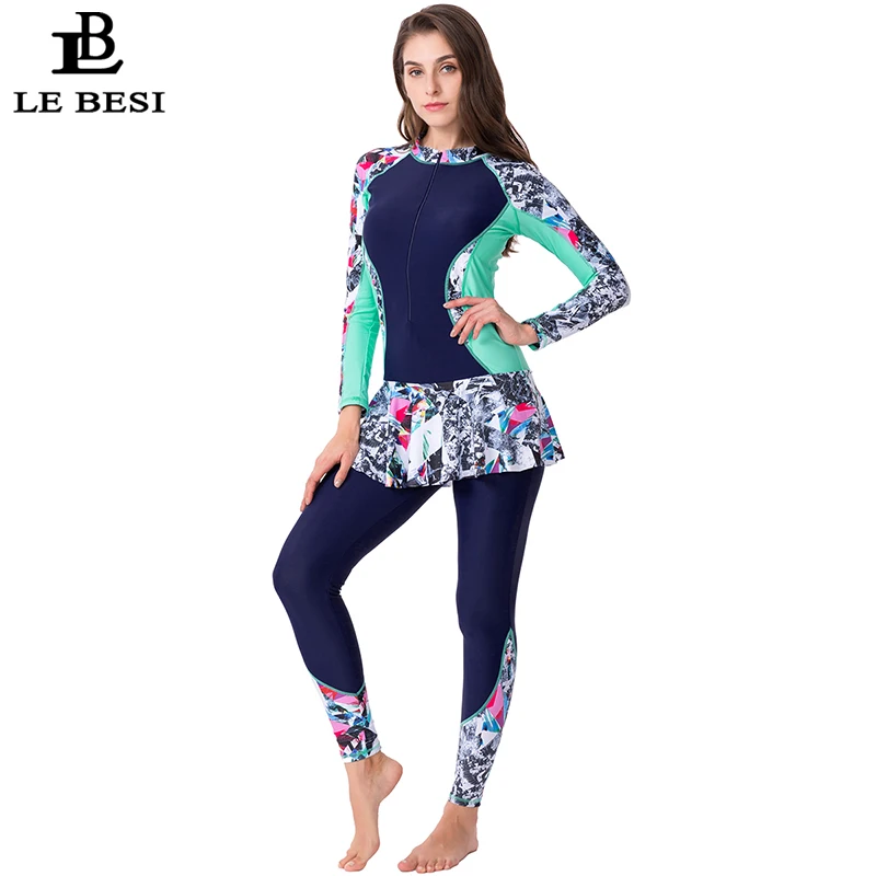 Billige LEBESI 2019 Neue Frauen Ein Stück Rock Badeanzug Sport badeanzug Plus Size Bademode Drucken Langarm Hosen Zipper Surf anzug