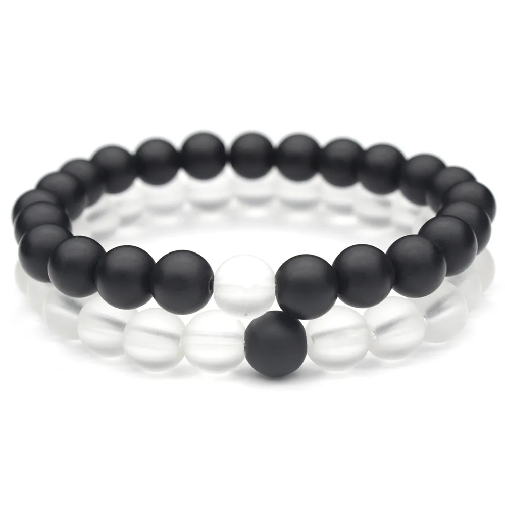 

2Pcs/Set Couples Distance Strand Bracelet 8mm Natural Stone Matte Clear Quartz Onyx Stone Bracelets for Men Women Best Friend
