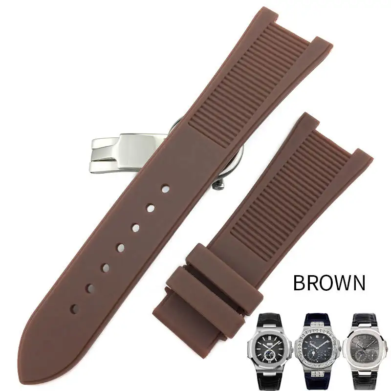 25 мм резиновые силиконовые часы ремешок черный коричневый водонепроницаемый складной ремешок для часов с пряжкой подходит для PATEK k часы серии - Цвет ремешка: brown red