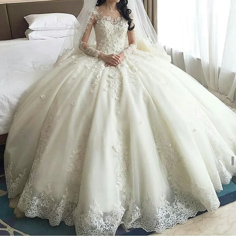 

Dubai Luxury Ball Gown Wedding Gowns 2018 Long Sleeve Crystal Appliques Arabic Bridal Gowns Custom Made Vestido de noiva